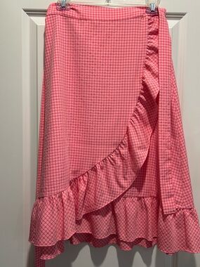 Draper James Pink Checked Asymmetrical Wrap Skirt with Ruffle Trim